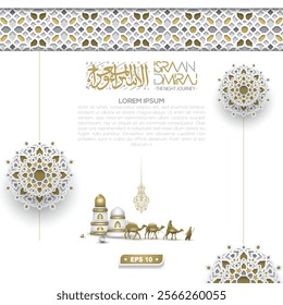 Isra and miraj greeting islamic Illustration Background vector design with arabic calligraphy And Floral Pattern. translation of text: Two parts of Prophet Muhammad's Night Journey 