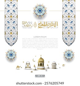 Isra And Miraj greeting Islamic Illustration Background vector design with Arabic Calligraphy, Lanterns And Camels. translation of text: Two parts of Prophet Muhammad's Night Journey 