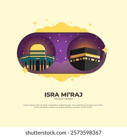 isra miraj greeting vector night journey. vector illustration. kaaba and al aqsa mosque concept. can be used for banners, backgrounds, and greeting cards