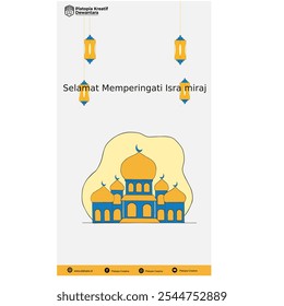 The Isra Mi'raj illustration design depicts the spiritual journey of the Prophet Muhammad SAW, from the Grand Mosque to the Aqsa Mosque, towards the sky, full of meaning and divine greatness.