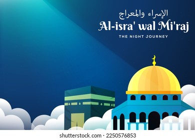 isra miraj illustration with light from sky illuminating mosque and Kaaba