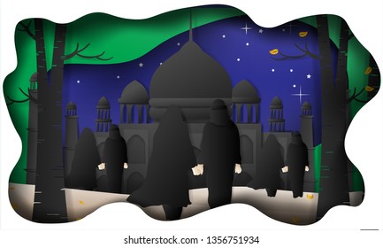 isra and mi'raj islamic with arabic mosque, paper art