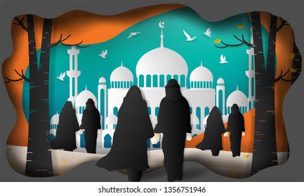 isra and mi'raj islamic with arabic mosque, paper art