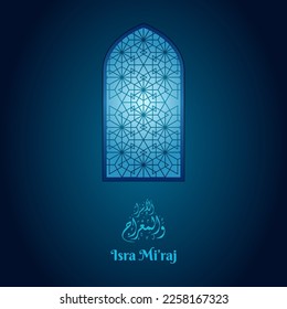 Isra Mi'raj islamic greeting banner template with morocco pattern and arabic windows illustration