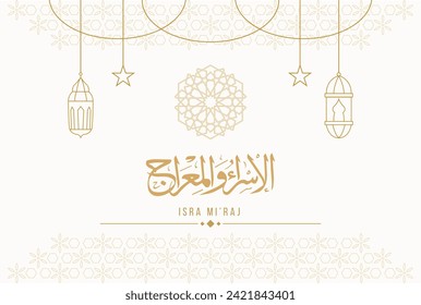 Isra Miraj Islamic greeting card banner template with Pattern and Calligraphy Golden Luxury Ornamental