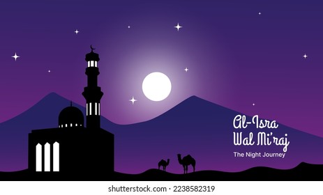 isra' mi'raj islamic holiday background with mosque, camel, mountain, moon and stars. islamic vector illustration