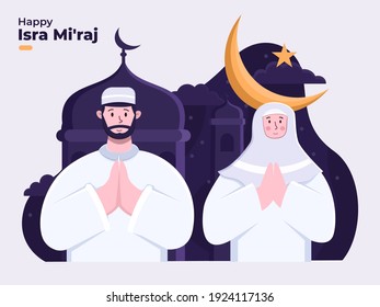 isra mi'raj the journey Prophet Muhammad flat illustration with mosque, moon, stars at night. greeting happy isra mi'raj day with muslim Islam people. Suitable for greeting card, postcard, banner, web