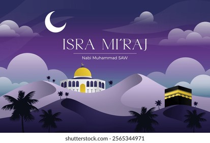 Isra Miraj, Nabi muhammad saw, the night journey epic design for greeting card, cover, poster, flyer, banner, social media, pattern, and feed vector illustration