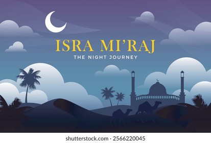 Isra Miraj, Nabi muhammad saw, the night journey design for greeting card, cover, poster, flyer, banner, social media, pattern, and feed vector illustration background