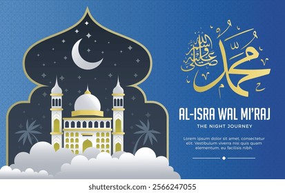 Isra Miraj, Nabi muhammad saw, the night journey arabic calligraphy design for greeting card, cover, poster, flyer, banner, social media, pattern, and feed vector illustration background