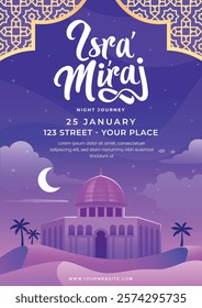 Isra Mi'raj Night Journey celebration poster design with a beautiful mosque illustration, crescent moon, Islamic geometric patterns, and purple gradient background. Perfect for religious events, Islam