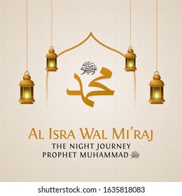 Isra and mi'raj the night journey of prophet muhammad poster design. Muslim celebration banner background template vector illustration. Translation: The Ascension of Muhammad Pbuh