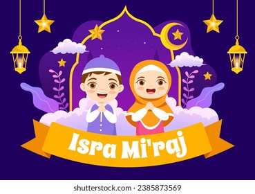 Isra Mi'raj Vector Illustration. Translation The Night Journey Prophet Muhammad. with Mosque and Lantern in Islamic Holiday Kids Cartoon Background
