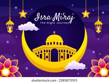 Isra Mi'raj Vector Illustration. Translation The Night Journey Prophet Muhammad. with Mosque and Lantern in Islamic Holiday Flat Cartoon Background