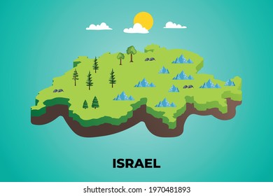 Israel 3d isometric map with topographic details mountains, trees and soil vector illustration design