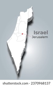 Israel 3d map with borders of regions and it’s capital