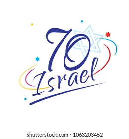 Israel 70 anniversary, Independence Day, calligraphy text festive greeting poster, Jewish Holiday Jerusalem banner with Israeli blue star fireworks, vector modern design wallpaper. 1948-2018 celebrate