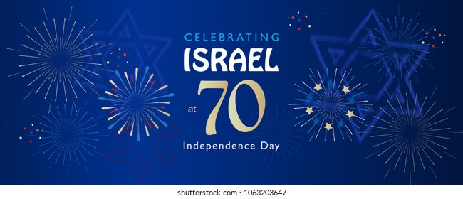 Israel 70 Anniversary, Independence Day, Festive Greeting Poster, Jewish Holiday, Jerusalem Banner With Israeli Blue Star, Fireworks, Vector Modern Concept Design Wallpaper. Banner 1948-2018 Celebrate