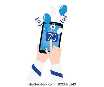 Israel 70th independence day banner with smartphon and balloons