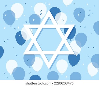 Israel 75 anniversary, Independence Day, Yom Haatzmaut Jewish holiday festive greeting poster. banner with Israeli david star, ballons and confetti