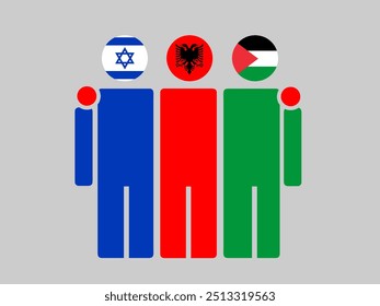 Israel, Albania, and Palestine National Flags With Embracing Body. Vector Illustration. Isolated background.