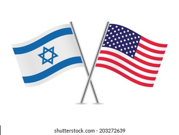 Israel and America crossed flags. Israeli and American flags on white background. Vector icon set. Vector illustration.