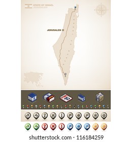Israel and Asia maps, plus extra set of isometric icons & cartography symbols set