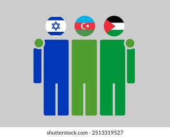 Israel, Azerbaijan, and Palestine National Flags With Embracing Body. Vector Illustration. Isolated background.