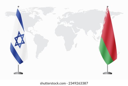 Israel and Belarusian flags for official meeting against background of world map.