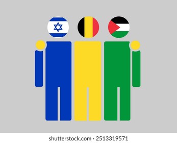 Israel, Belgium, and Palestine National Flags With Embracing Body. Vector Illustration. Isolated background.
