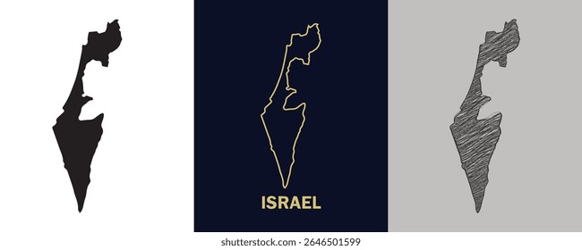 ISRAEL Black, Gold, Sketch Map Vector Illustration Abstract Editable image