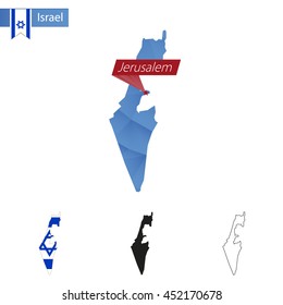 Israel blue Low Poly map with capital Jerusalem, versions with flag, black and outline. Vector Illustration.
