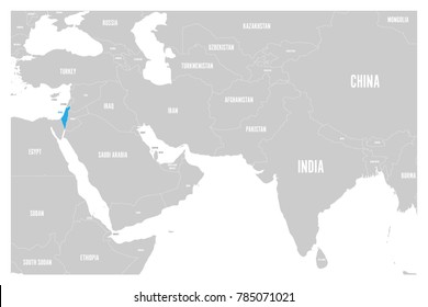 Israel blue marked in political map of South Asia and Middle East. Simple flat vector map..