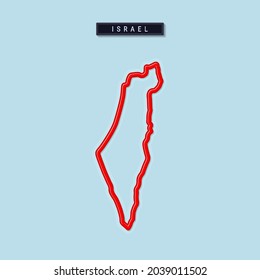 Israel bold outline map. Glossy red border with soft shadow. Country name plate. Vector illustration.