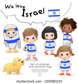 Israel : Boys and girls holding flag and wearing shirts with national flag print : Vector Illustration