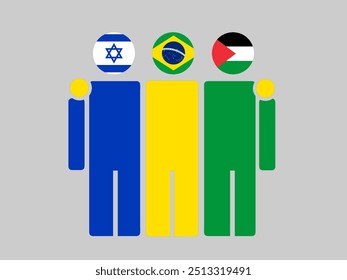 Israel, Brazil, and Palestine National Flags With Embracing Body. Vector Illustration. Isolated background.