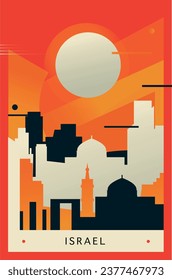 Israel brutalism poster with abstract skyline, cityscape Tel Aviv, Jerusalem retro vector illustration. Middle East travel guide cover, brochure, flyer, leaflet, business presentation template image