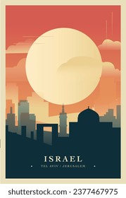 Israel brutalism poster with abstract skyline, cityscape Tel Aviv, Jerusalem retro vector illustration. Middle East travel guide cover, brochure, flyer, leaflet, business presentation template image