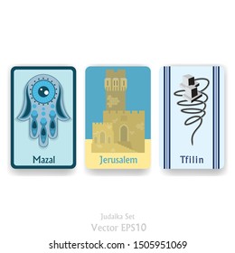 Israel cartoon touristic signs, David tower, Tfilin and Hamsa hand vector illustration for web and print, judica flat set of icons, banners design. 