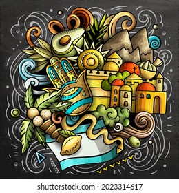 Israel cartoon vector doodle chalkboard illustration. Colorful detailed composition with lot of Israeli objects and symbols.