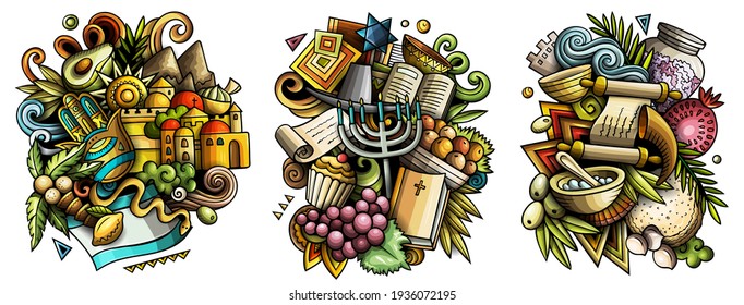 Israel cartoon vector doodle designs set. Colorful detailed compositions with lot of Israeli objects and symbols. Isolated on white illustrations