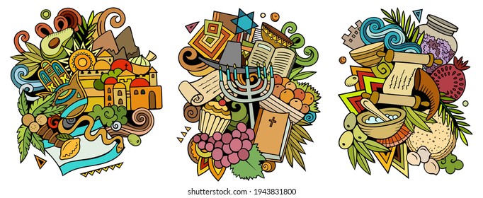 Israel cartoon vector doodle designs set. Colorful detailed compositions with lot of Israeli objects and symbols. Isolated on white illustrations
