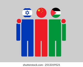 Israel, China, and Palestine National Flags With Embracing Body. Vector Illustration. Isolated background.