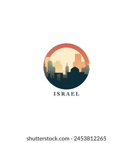 Israel cityscape, gradient vector badge, flat skyline logo, icon. Tel Aviv, Jerusalem city round emblem idea with landmarks and building silhouettes. Isolated graphic