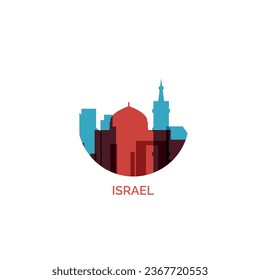 Israel cityscape skyline city panorama vector flat modern logo icon. Tel Aviv Jerusalem region emblem idea with landmarks and building silhouettes