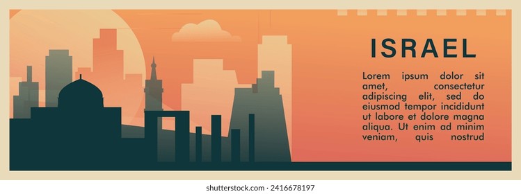 Israel country brutalism vector banner with skyline, cityscape. Jerusalem, Tel Aviv city retro horizontal illustration, travel layout for web presentation, header, footer