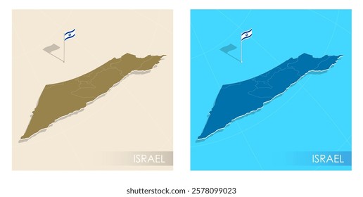 Israel country flag installed on geographic positioning map point of country territory. Israeli commonwealth banner on land and sea. Festive patriotic HD format template for independence day