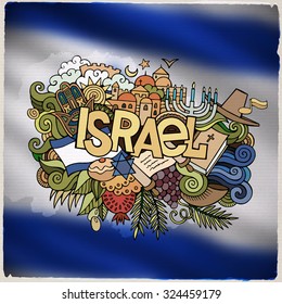 Israel country hand lettering and doodles elements and symbols emblem. Vector blurred background