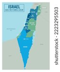 Israel country political map, including Golan Heights, West Bank and Gaza Strip. Detailed vector illustration with isolated provinces, departments, regions, cities, and states easy to ungroup.