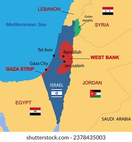 Israel country political map, including Golan Heights, West Bank and Gaza Strip. Detailed vector illustration with isolated provinces, departments, regions, cities, and states easy to ungroup.